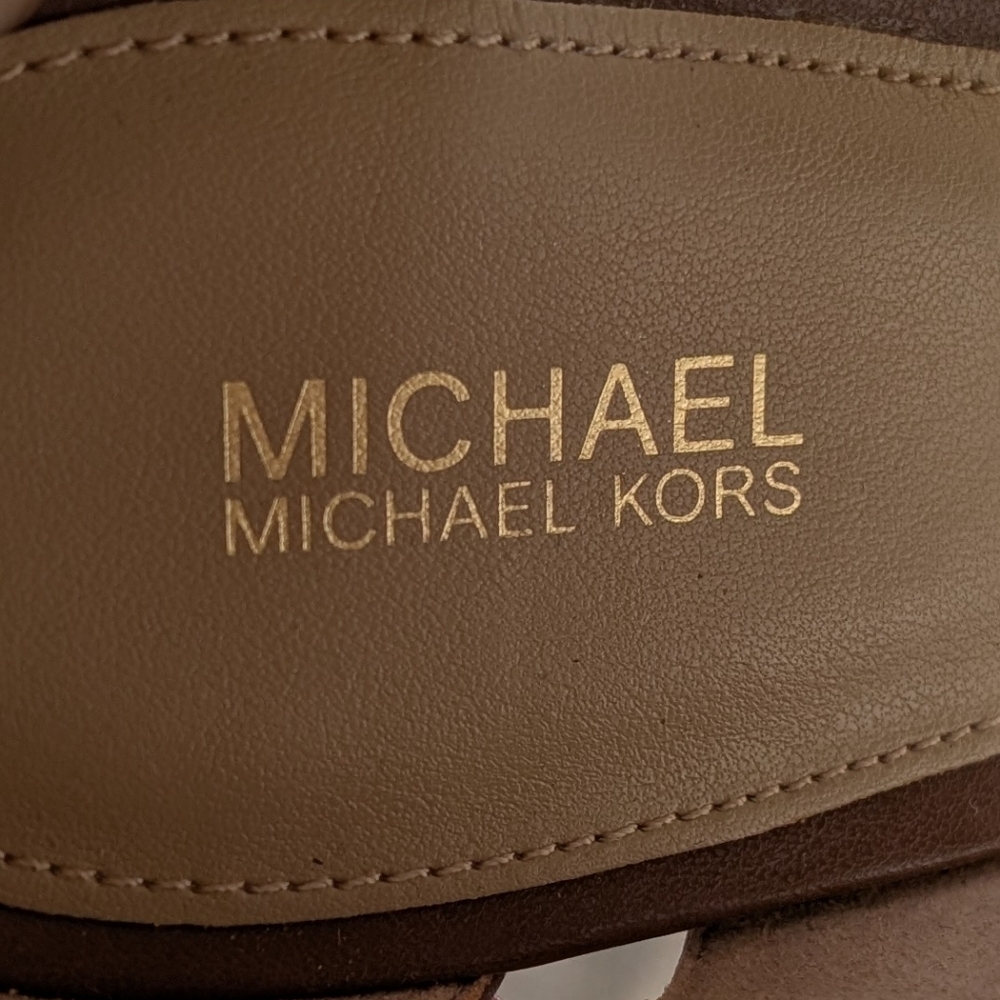 Michael Kors Tan Leather Ankle-Strap Wedge Sandals with Logo Toe Band - Picture 6 of 8